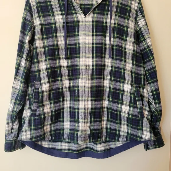 LL Bean Scotch Plaid Flannel Pullover Hoodie Navy And White Outdoor Grunge Large - Picture 5 of 8